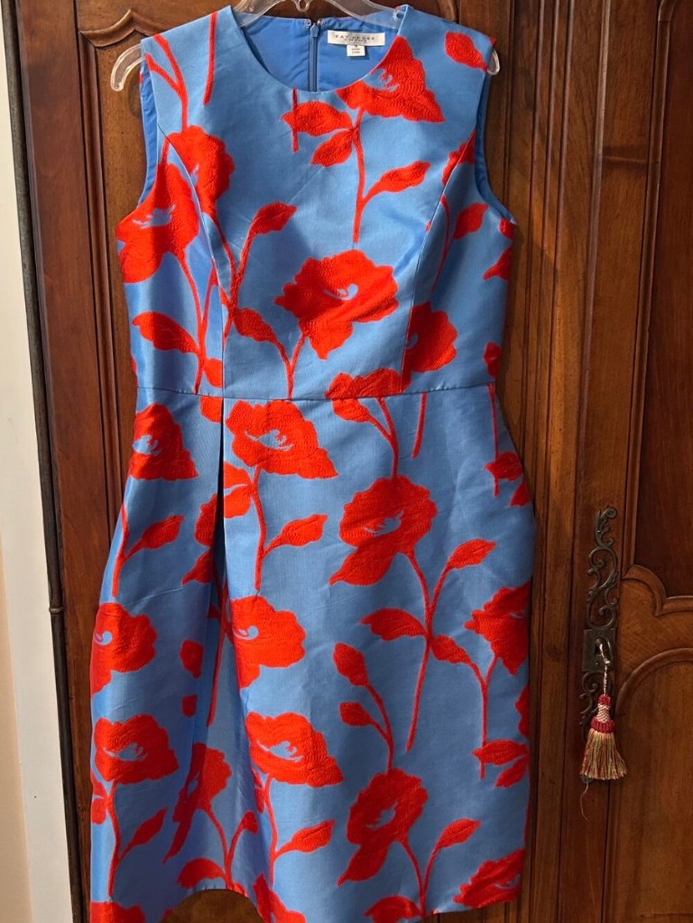 Kay Unger New York Pacific Blue/Coral Jacquard Floral T-Length Dress, Size 16